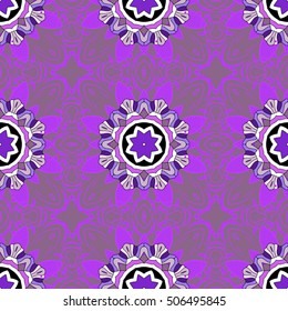 Vintage pattern on mandala round background with white flower. White, lilac mandalas background.