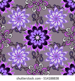 Vintage pattern on mandala round background with white flower. Violet, lilac mandalas background. Butterfly.