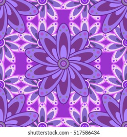 Vintage pattern on mandala round background with white flower. Violet, lilac mandalas background. Butterfly.