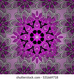 Vintage pattern on mandala round background with white flower. White, lilac mandalas background.
