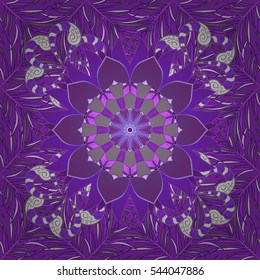 Vintage pattern on mandala round background with petal flower. Violet, lilac mandalas background. Butterfly. Radial gradient shape.