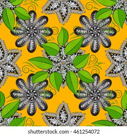 Vintage pattern on orange background with silver elements.