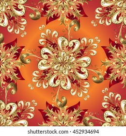Vintage pattern on orange radial gradient background with golden elements.