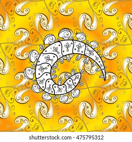 vintage pattern on orange, yellow on gradient background with white doodles and golden pattern elements.