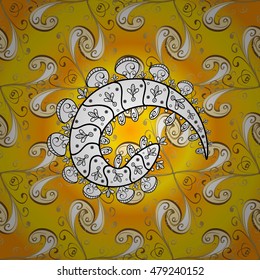 vintage pattern on orange, yellow on gradient background with white doodles and golden pattern elements.