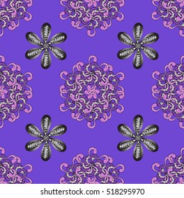Vintage pattern on petals round background with lilac flower. Pink, lilac mandalas background.