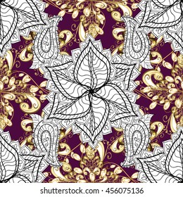 Vintage pattern on pink background with golden and white elements. Vector illustration.