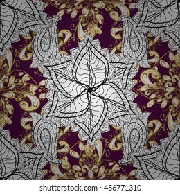 Vintage pattern on pink background with golden and white elements. Vector illustration.