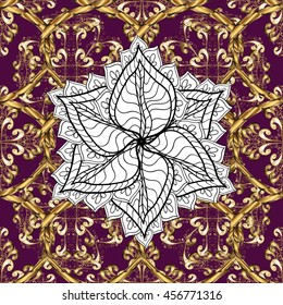 Vintage pattern on pink background with golden and white elements. Vector illustration.