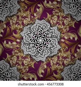 Vintage pattern on pink background with golden and white elements. Vector illustration.