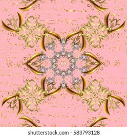 Vintage pattern on pink background with golden elements. Christmas, snowflake, new year.