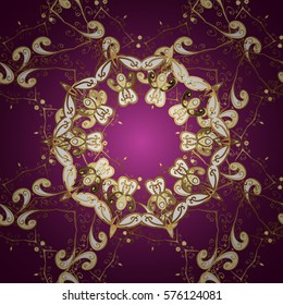 Vintage pattern on pink gradient round background with golden elements. Radial gradient shape.