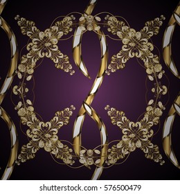 Vintage pattern on pink and lilac round gradient background with golden elements. Radial gradient shape.