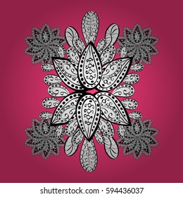 Vintage pattern on pink and white background with white elements and with white doodles. Christmas, snowflake, new year.