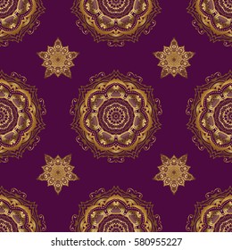 Vintage pattern on purple background. Seamless pattern with golden elements for design in retro style. Universal vector pattern for wallpapers, textile, fabric, wrapping paper, packaging box etc.