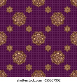 Vintage pattern on purple background. Seamless pattern with golden elements for design in retro style. Universal vector pattern for wallpapers, textile, fabric, wrapping paper, packaging box etc.