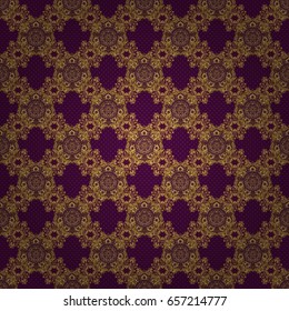 Vintage pattern on purple background. Seamless pattern with golden elements for design in retro style. Universal vector pattern for wallpapers, textile, fabric, wrapping paper, packaging box etc.