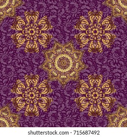 Vintage pattern on purple background. Seamless pattern with golden elements for design in retro style. Universal vector pattern for wallpapers, textile, fabric, wrapping paper, packaging box etc.