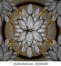 Vintage pattern on radial gradient background with golden elements.
