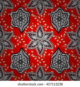 Vintage pattern on red background with white floral elements.