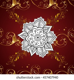 Vintage pattern on red background with white floral elements.