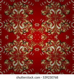 Vintage pattern on red background with golden elements. Round shadow.