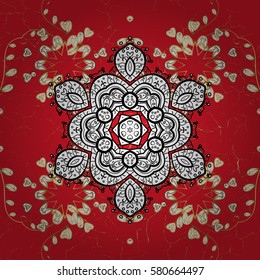 Vintage pattern on red background with golden elements. Christmas, snowflake, new year. Golden on red background with golden elements.