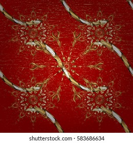 Vintage pattern on red background with golden elements. Christmas, snowflake, new year.