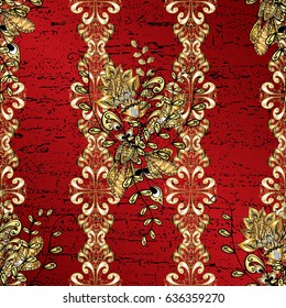Vintage pattern on red background with golden elements. Christmas, snowflake, new year.