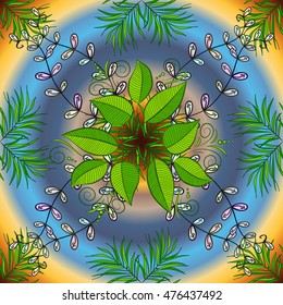 vintage pattern on round blue, yellow and golden gradient background with green leaves and blue flowers.