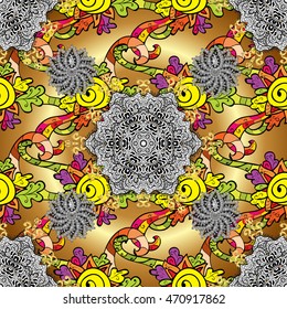 vintage pattern on round golden orange, yellow on gradient background with white mandala and colorful pattern elements.