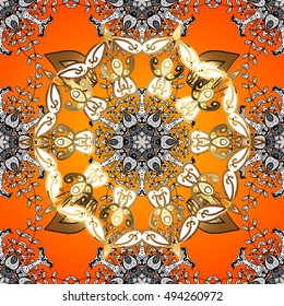 Vintage pattern on round orange background with golden elements.