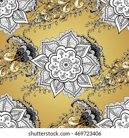 vintage pattern on round yellow and golden gradient background with white elements.