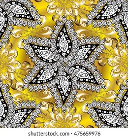 vintage pattern on round yellow and golden gradient background with white elements.