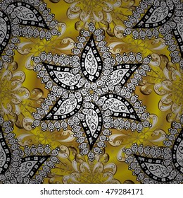 vintage pattern on round yellow and golden gradient background with white elements.