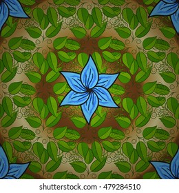 vintage pattern on round yellow and golden gradient background with green leaves and blue flowers.