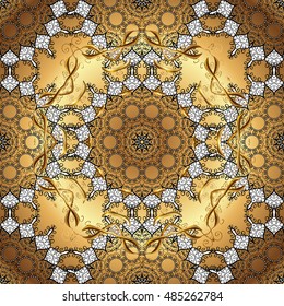 vintage pattern on round yellow and golden gradient background with white elements.