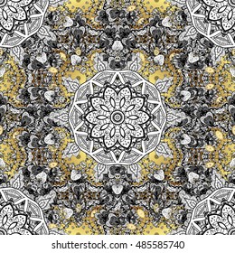 vintage pattern on round yellow and golden gradient background with white elements.