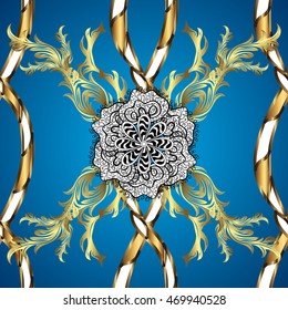 Vintage pattern on stripe blue gradient background with golden and white mandala elements.