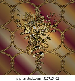 Vintage pattern on stripe yellow and brown background with golden elements.