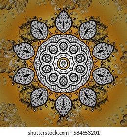 Vintage pattern on yellow background with golden elements and with white doodles. Christmas, snowflake, new year.