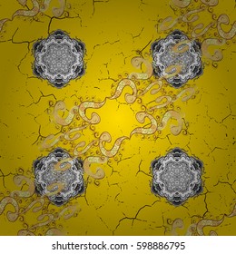 Vintage pattern on yellow background with golden elements. Christmas, snowflake, new year.