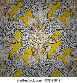 Vintage pattern on yellow background with golden elements. Christmas, snowflake, new year.