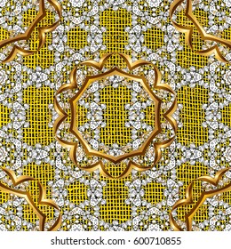 Vintage pattern on yellow background with golden elements. Christmas, snowflake, new year.