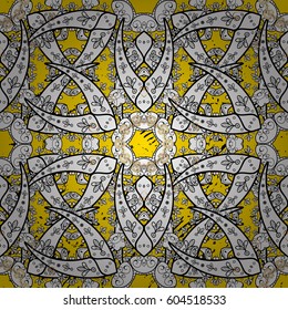Vintage pattern on yellow background with golden elements. Christmas, snowflake, new year.