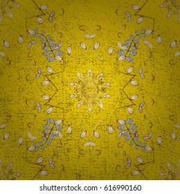 Vintage pattern on yellow background with golden elements. Christmas, snowflake, new year. Golden pattern on yellow background with golden elements.