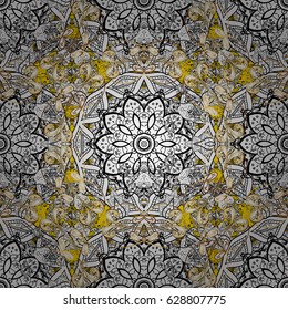 Vintage pattern on yellow background with golden elements. Christmas, snowflake, new year.