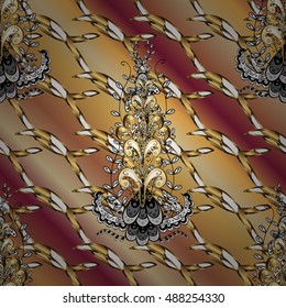 Vintage pattern on yellow and brown stripe gradient background with golden elements.