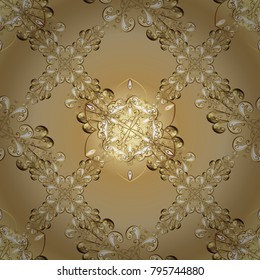 Vintage pattern on yellow colors with golden elements. Christmas, snowflake, new year.
