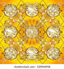 Vintage pattern on yellow and orange radial background with golden elements.